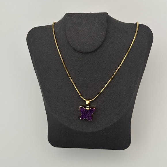 Purple Druzy Butterfly Pendant Necklace on Gold Stainless Steel Snake Chain - Picture 4 of 5
